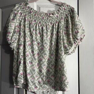 CeCe Smocked Off-Shoulder Floral Tunic in Green and Pink